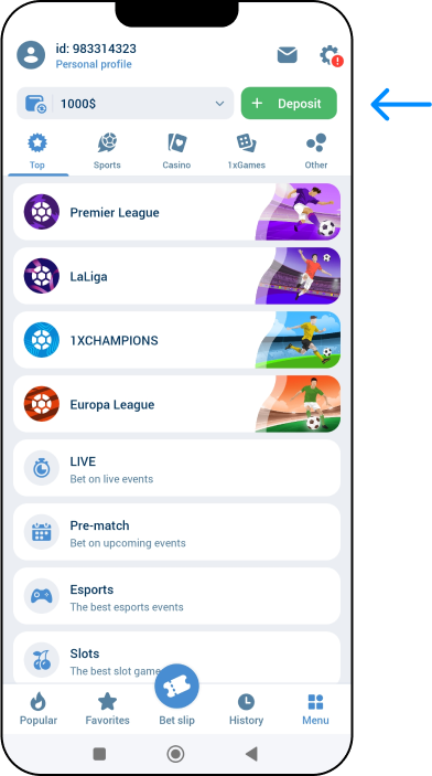 Deposit through the app (Android/iOS) - 1xBet Casino Somalia