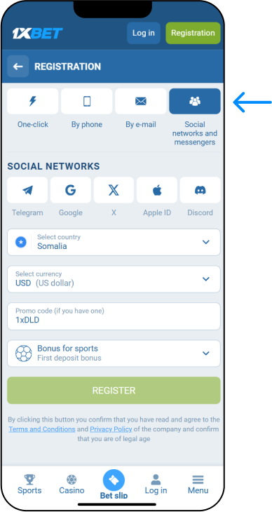 Registration via Social Networks - 1xBet Casino Somalia